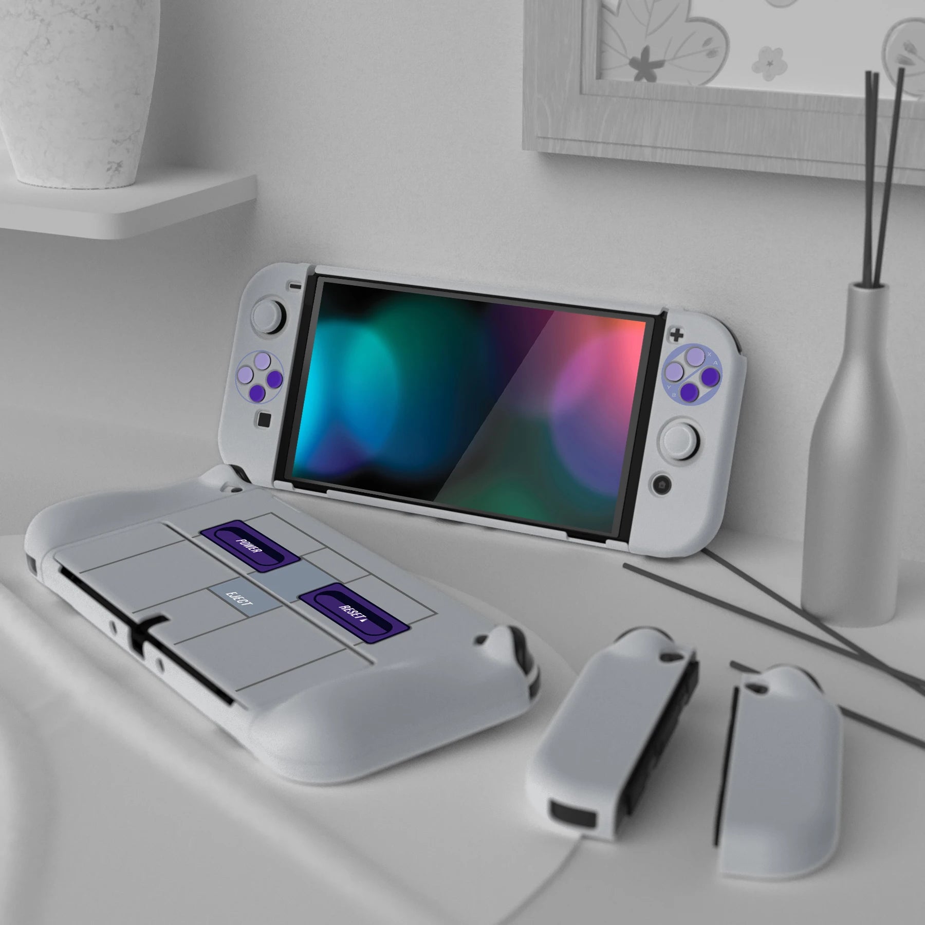 PlayVital AlterGrips Protective Slim Case Hard Shell for NS Switch OLED W/Thumb Grips & Button Caps - Classics SNES Style