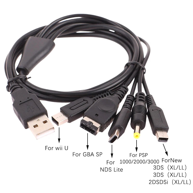 Ny: 5i1 USB Multi-Oplader 1.2M til - New 3DS XL, NDS Lite, NDSI, Wii U, GBA SP, PSP