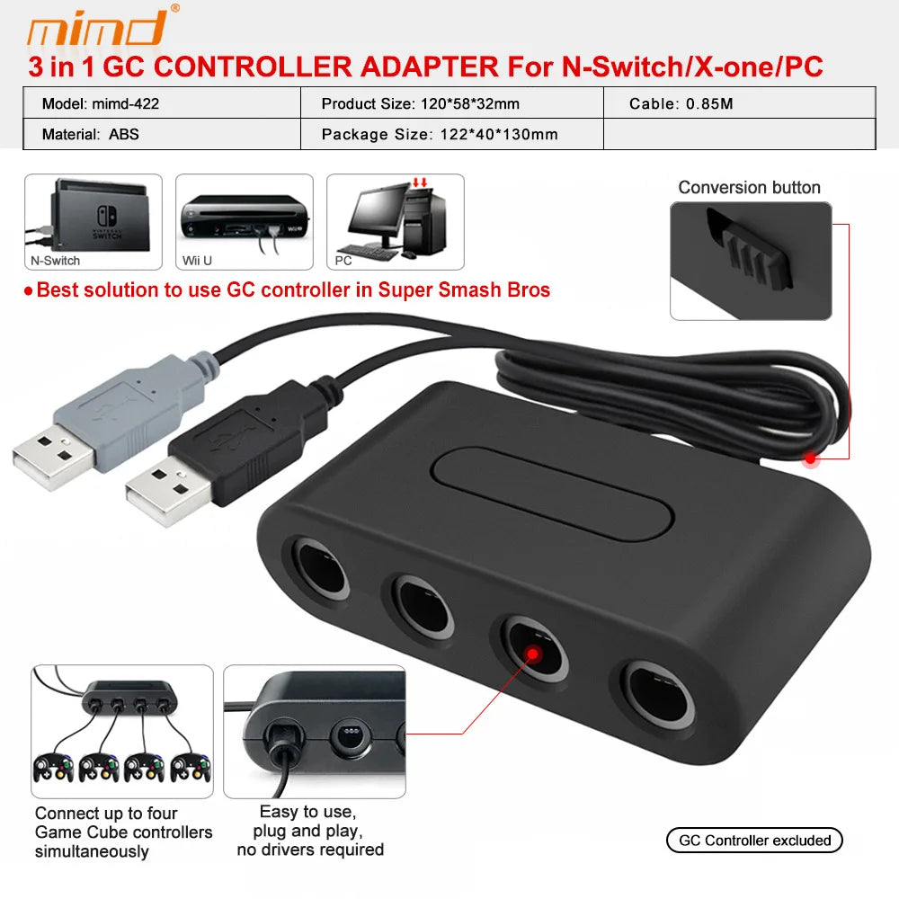 NGC Controller Adapter For Switch1/OLED/LITE Game-cube Converter TO WII U/PC/Support Turbo and Vibration 4 Ports Game Converter