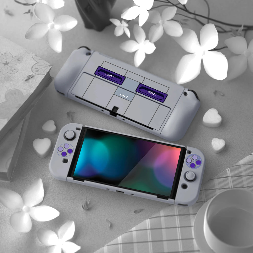 PlayVital AlterGrips Protective Slim Case Hard Shell for NS Switch OLED W/Thumb Grips & Button Caps - Classics SNES Style