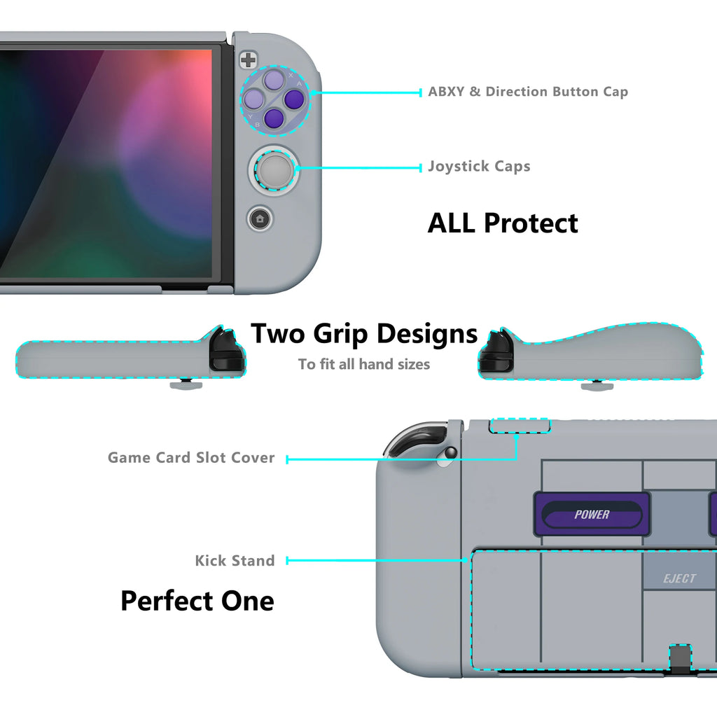 PlayVital AlterGrips Protective Slim Case Hard Shell for NS Switch OLED W/Thumb Grips & Button Caps - Classics SNES Style