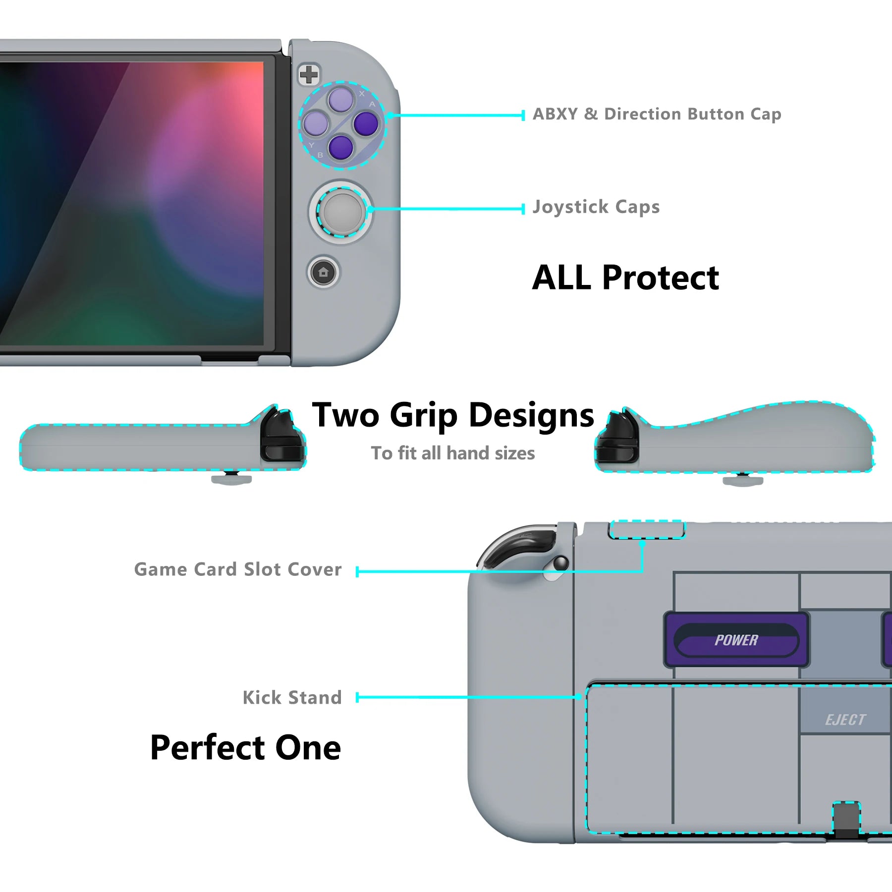 PlayVital AlterGrips Protective Slim Case Hard Shell for NS Switch OLED W/Thumb Grips & Button Caps - Classics SNES Style
